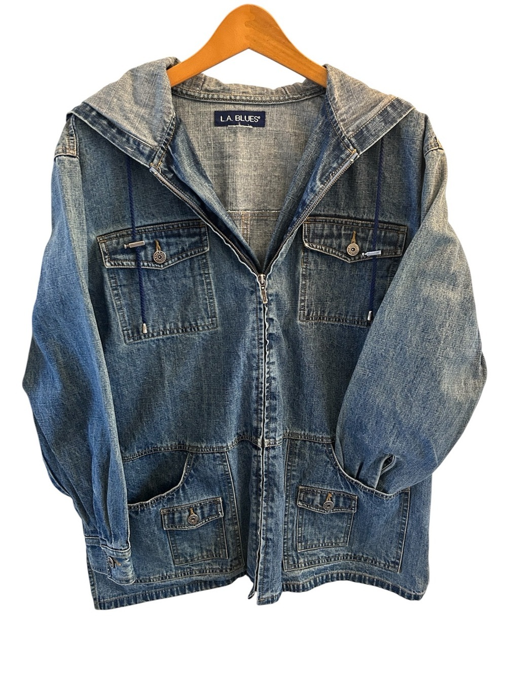Vintage LA BLUES Hooded Denim Jacket in Washed Blue